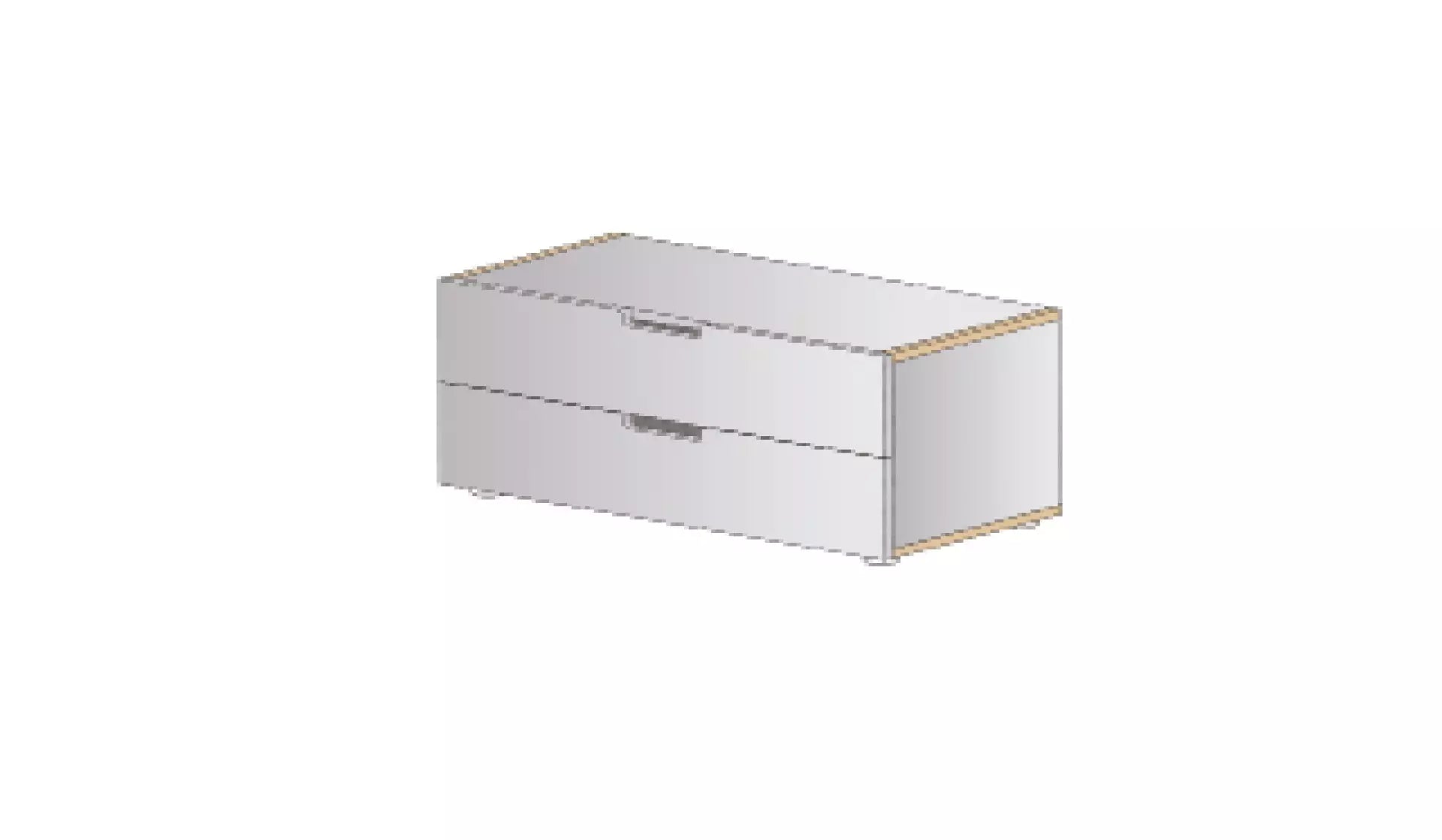 Illustration af en kommode med to hvide skuffer og håndtag, set i perspektiv