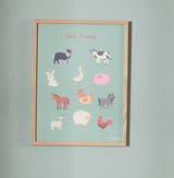 Læringsplakat til børn "Farm animals" - inkl. egetræsramme