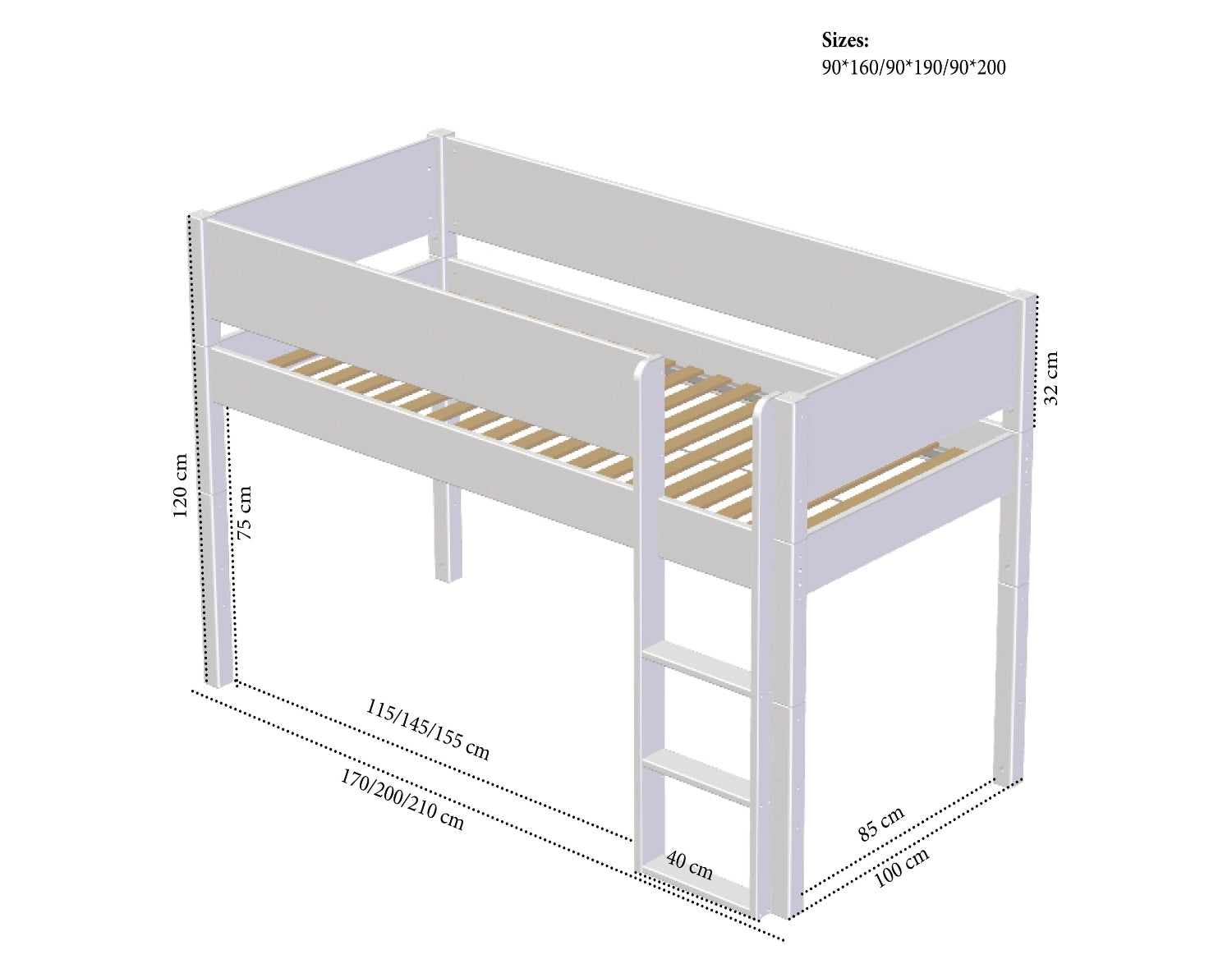 Sängstege med 51 cm ben för halvhög säng