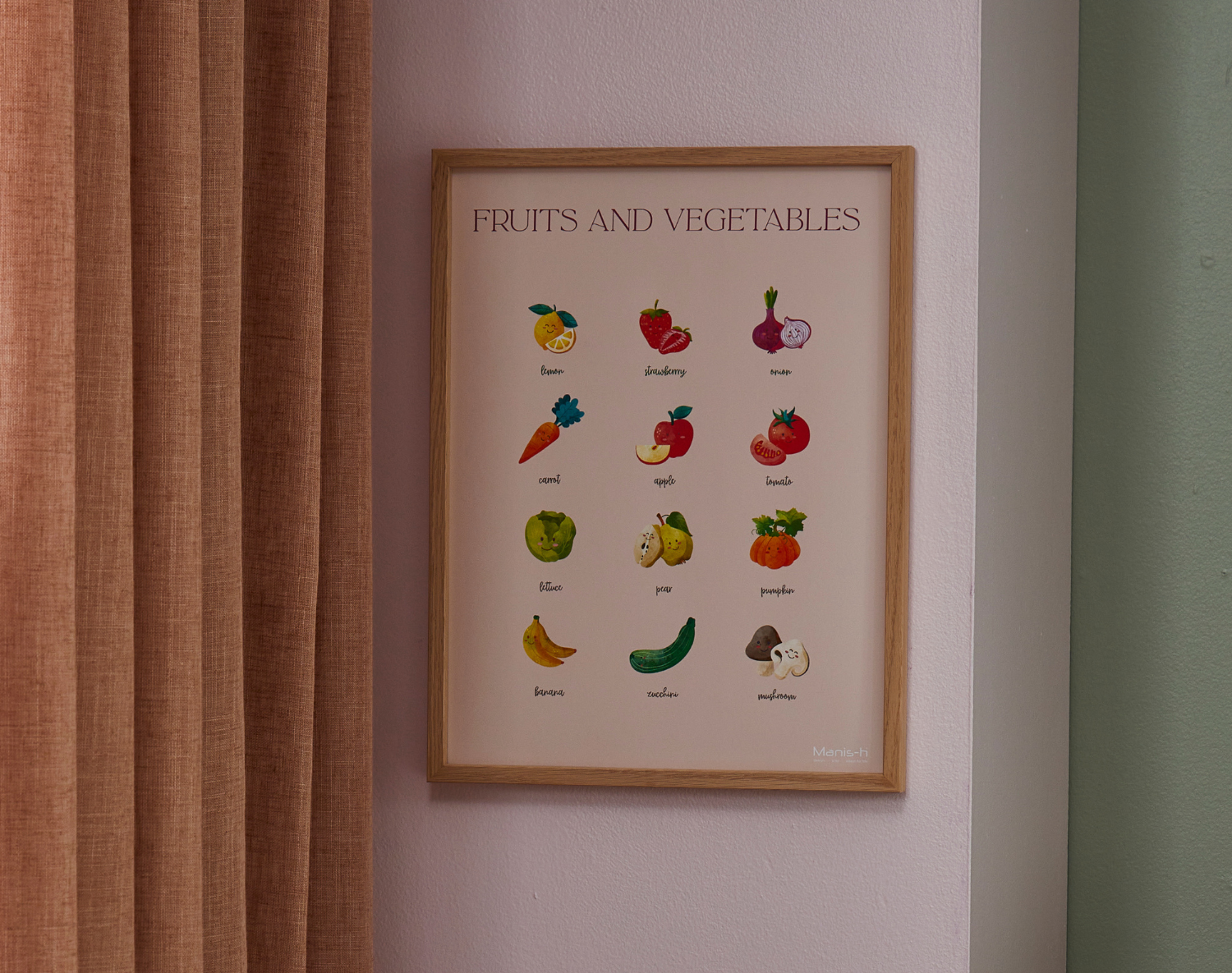 Læringsplakat til børn "Fruits and Vegetables" - inkl. egetræsramme