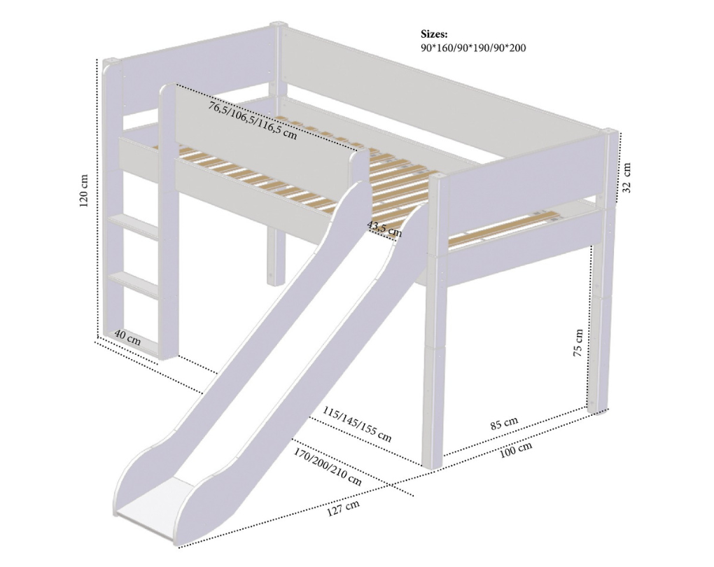 Vild halvhög barnsäng med rutschkana och lutande stege