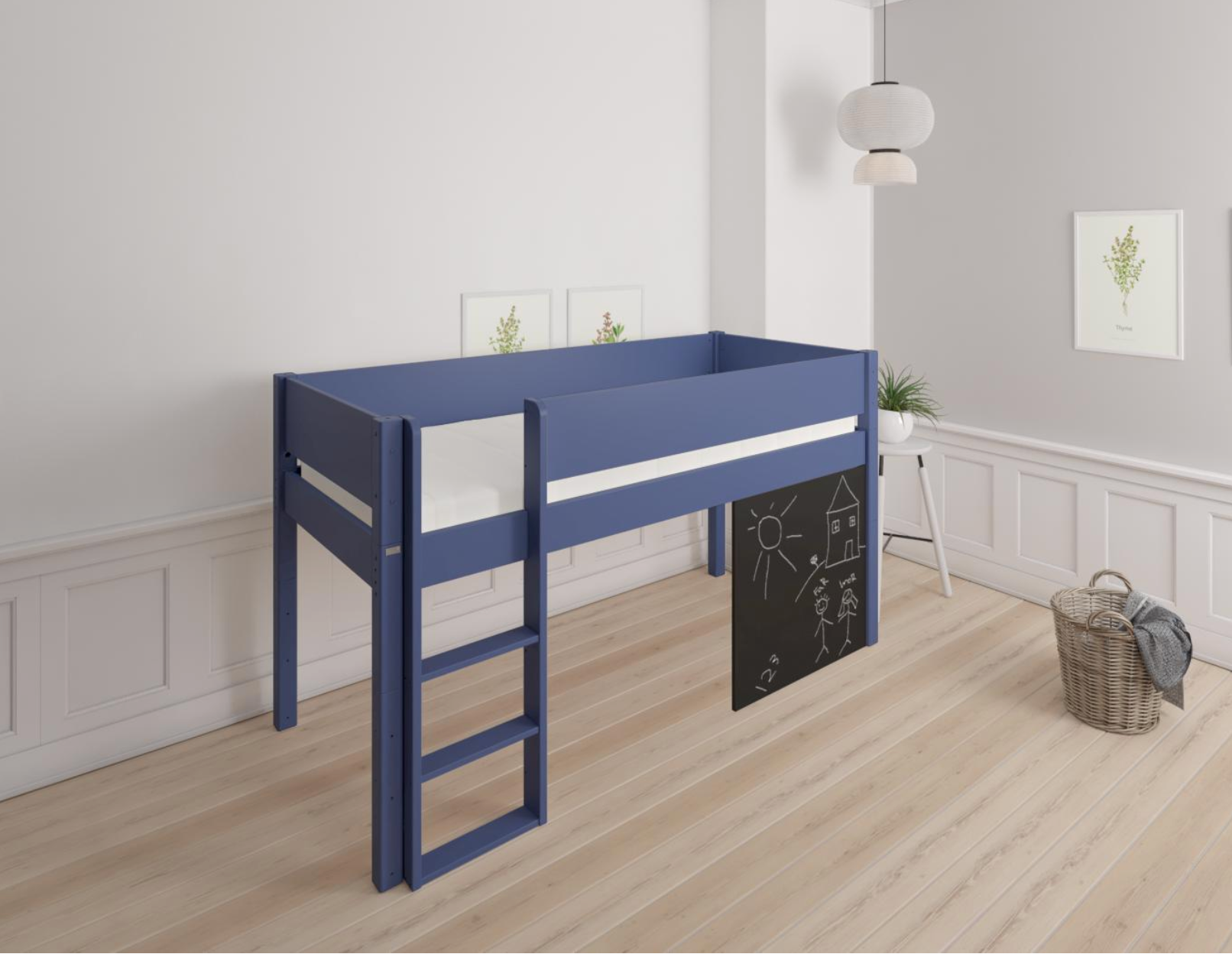 Dea halvhög barnsäng med svarta tavla - höjd barnsäng med svarta tavla - 90*160cm - Denimblå - 21