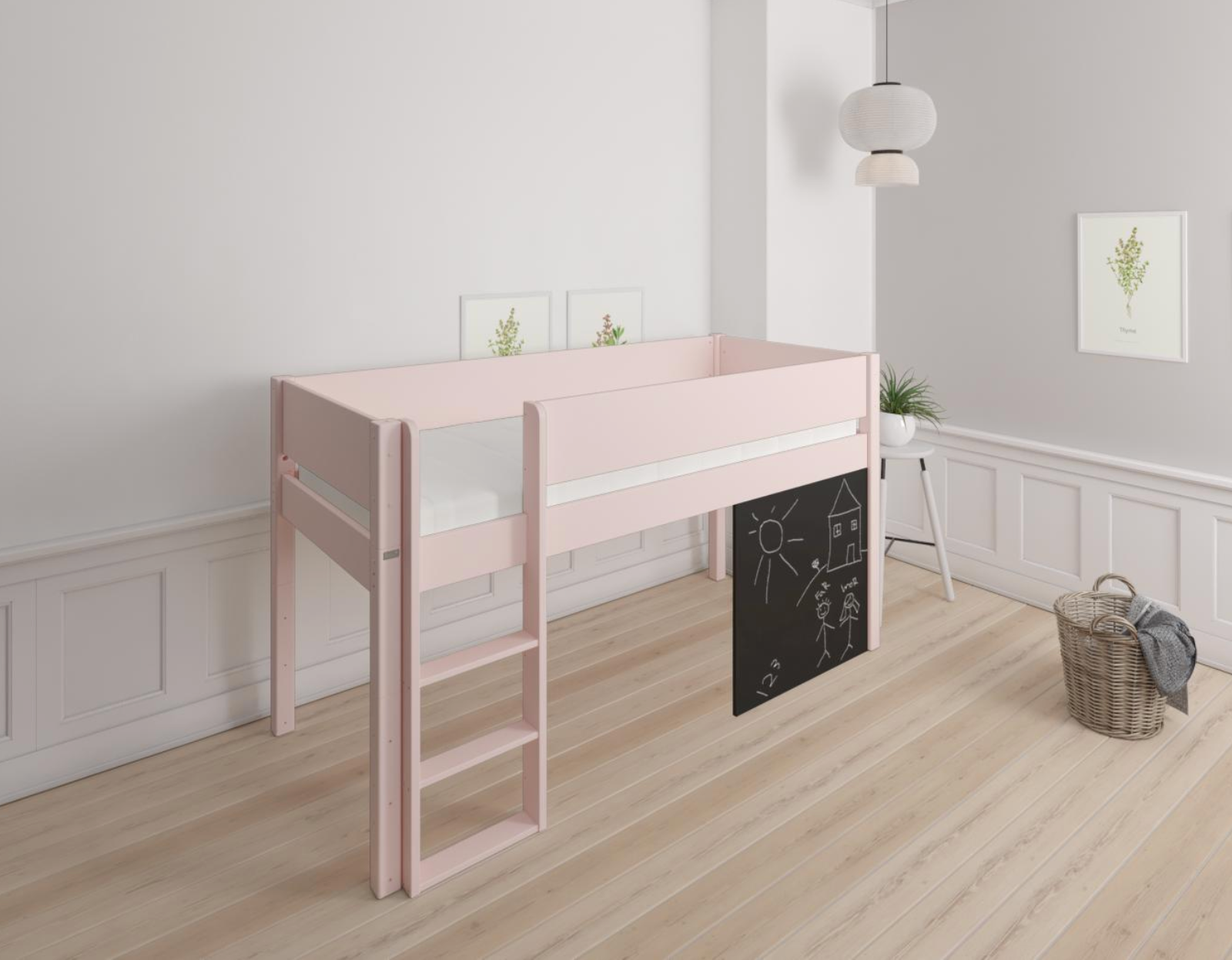 Dea halvhög barnsäng med svarta tavla - höjd barnsäng med svarta tavla - 90*160cm - Ljusrosa - 24