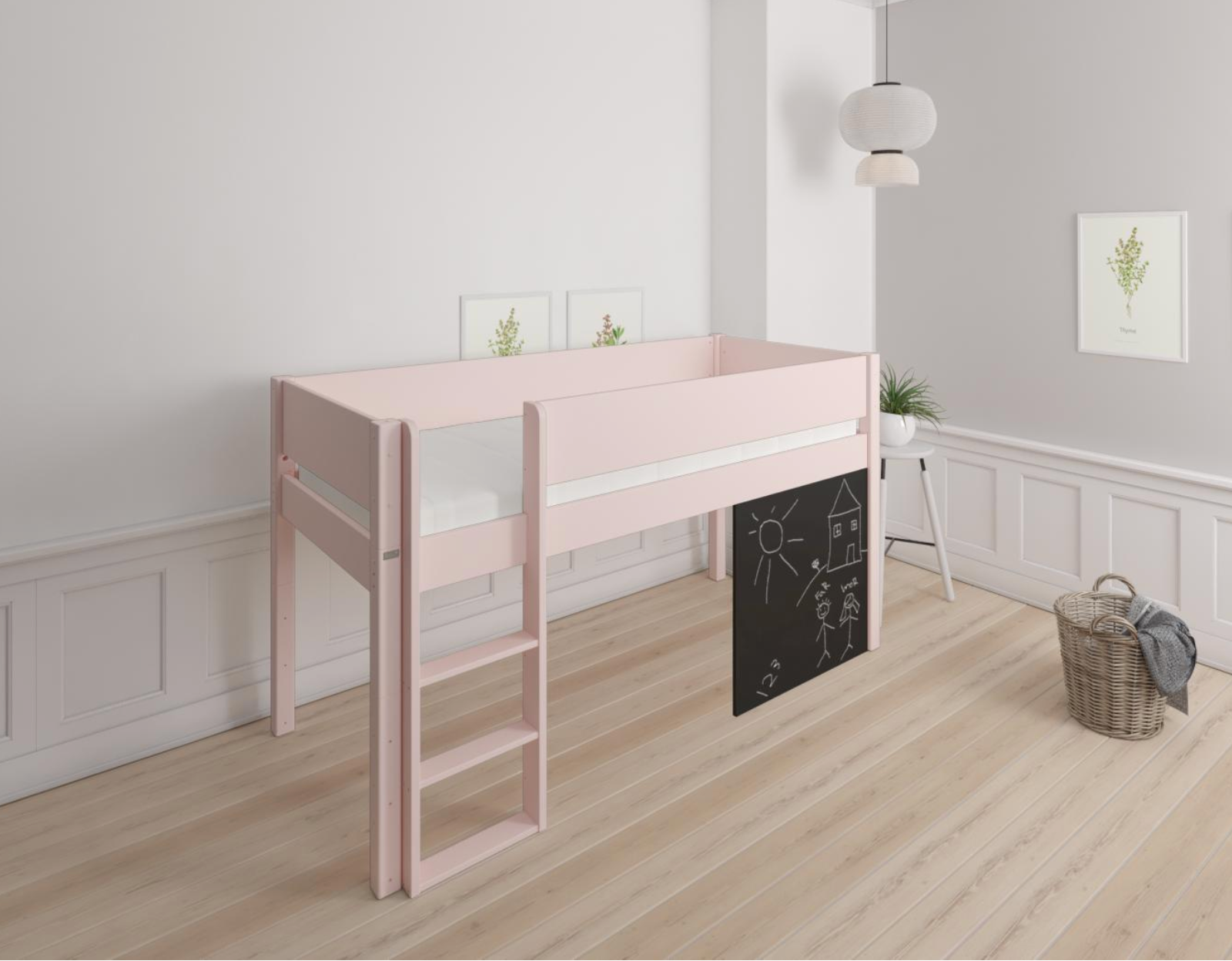 Dea halvhög barnsäng med svarta tavla - höjd barnsäng med svarta tavla - 90*160cm - Ljusrosa - 24
