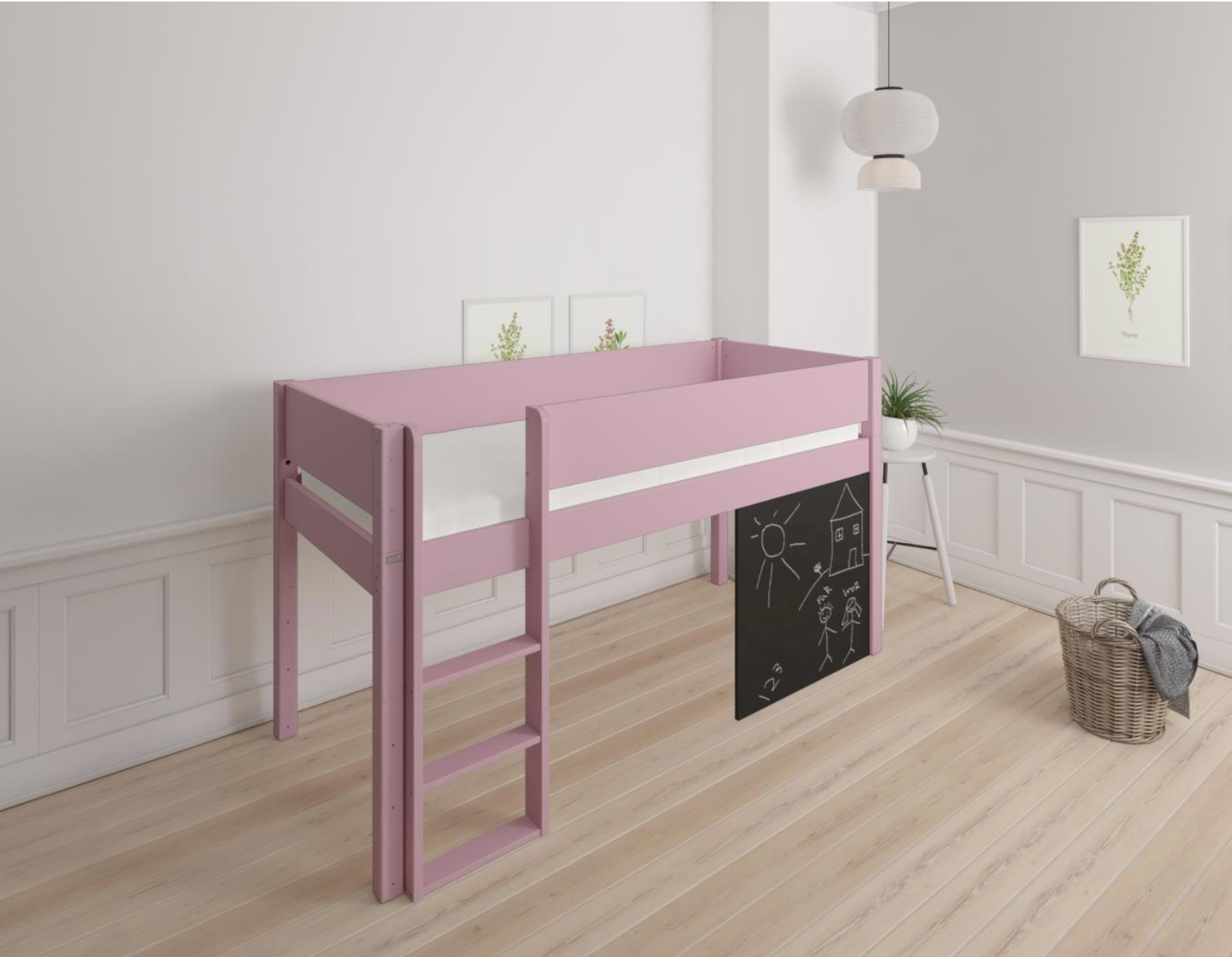 Dea halvhög barnsäng med svarta tavla - höjd barnsäng med svarta tavla - 90*200cm - Dusty rose - 25