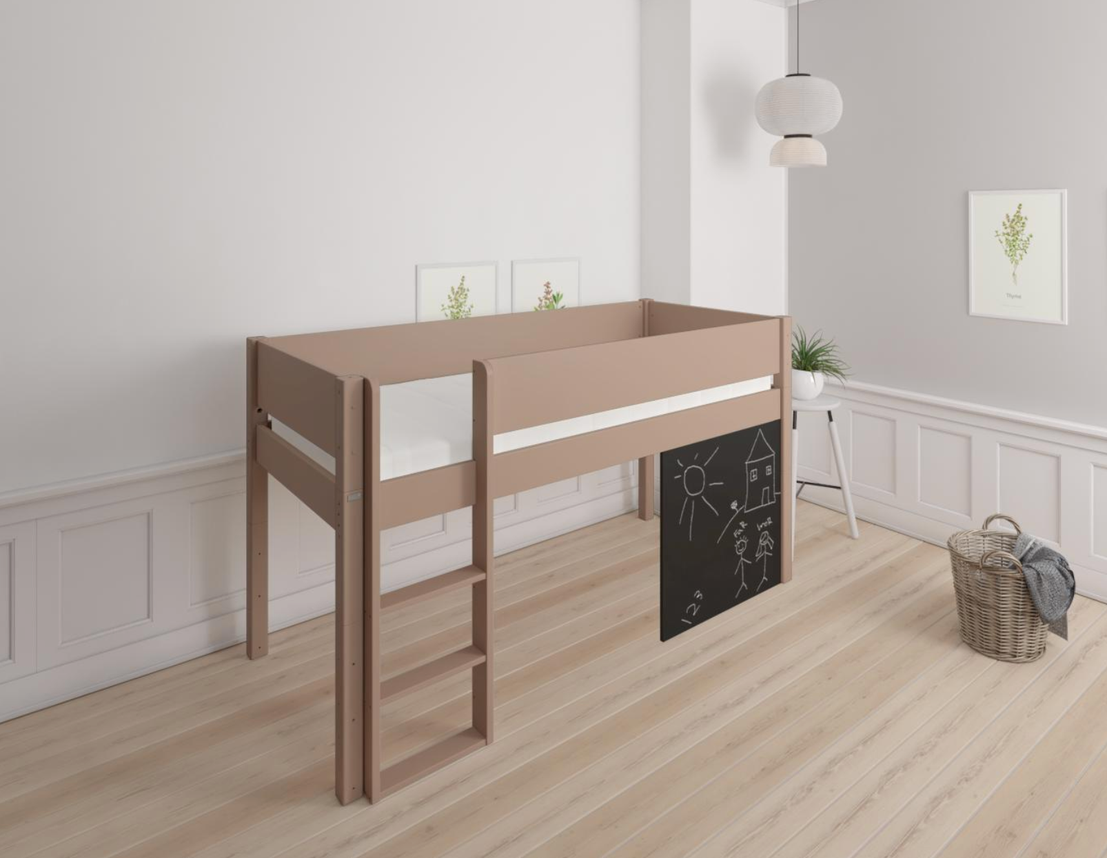 Dea halvhög barnsäng med svarta tavla - höjd barnsäng med svarta tavla - 90*160cm - Cafélatte - 55