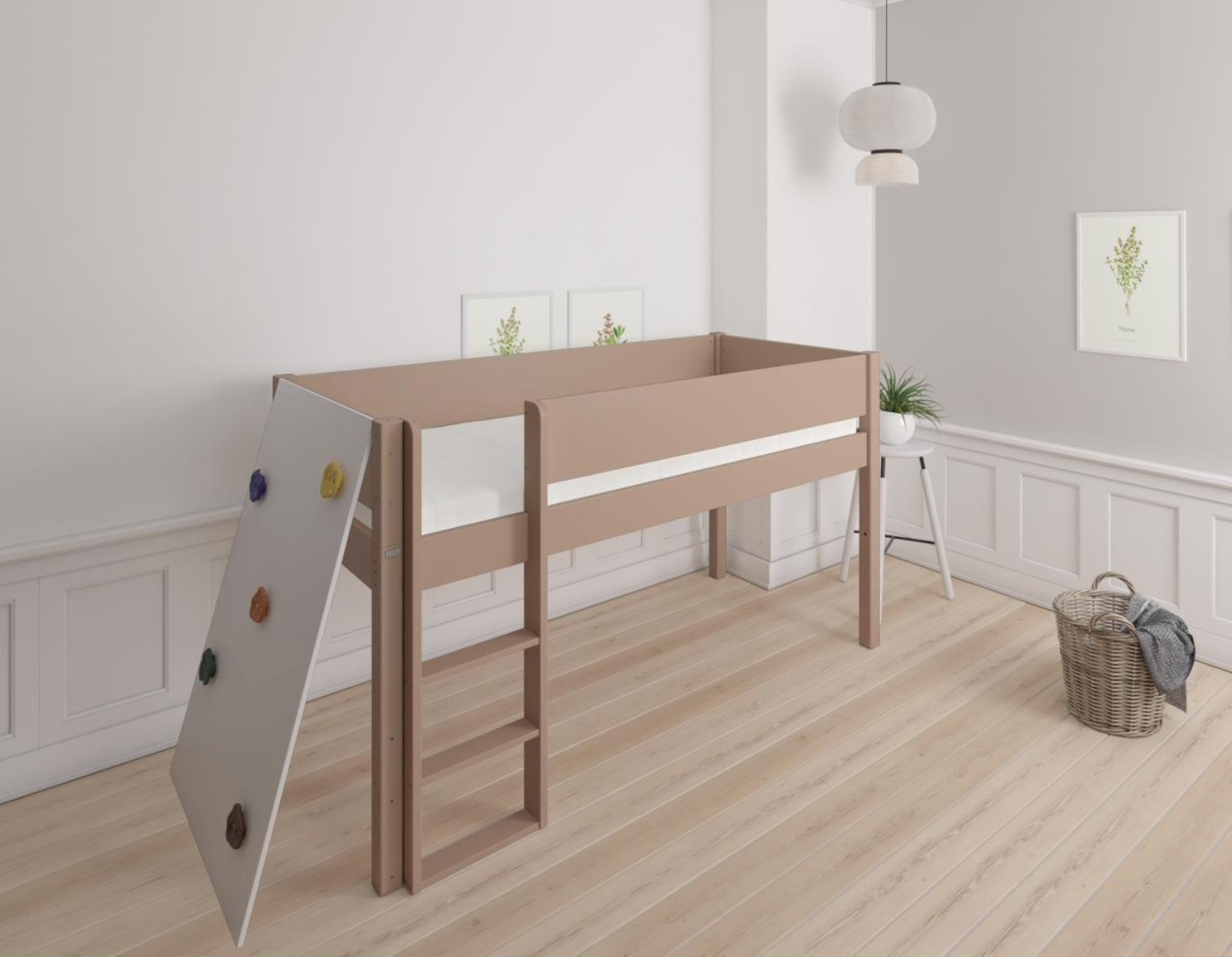 Borr halvhög barnsäng med klättervägg - höjdsäng med klättervägg - 90*160cm - Café Latte - 55
