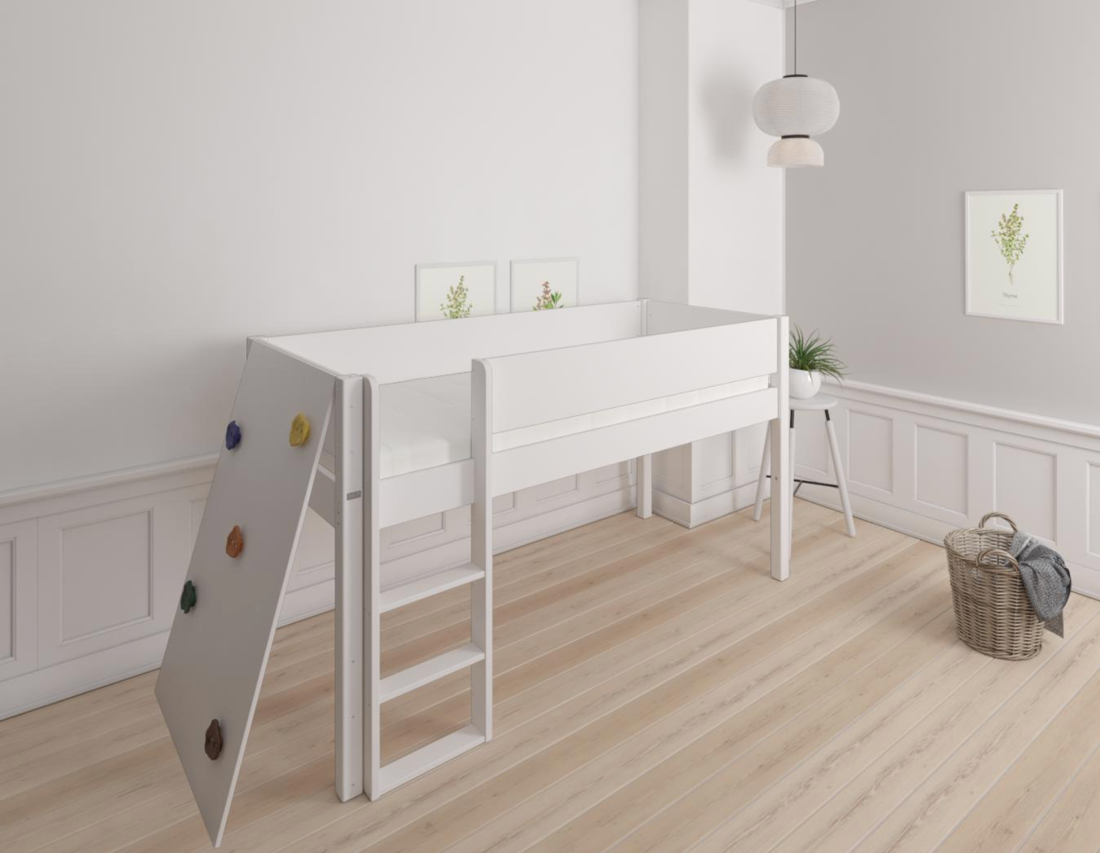 Borr halvhög barnsäng med klättervägg - höjdsäng med klättervägg - 90*160cm - Vit - 1