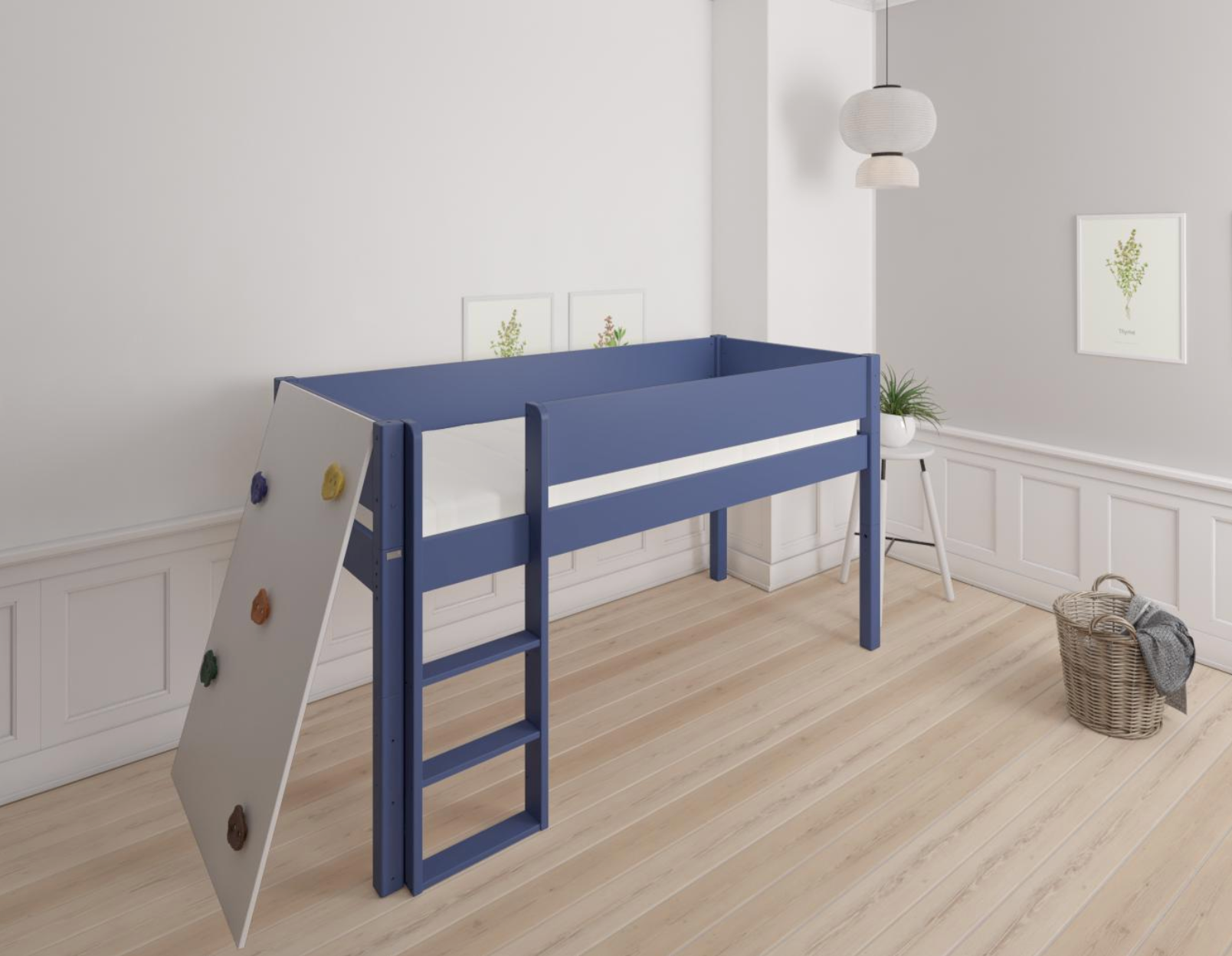 Borr halvhög barnsäng med klättervägg - höjdsäng med klättervägg - 90*160cm - Denimblå - 21