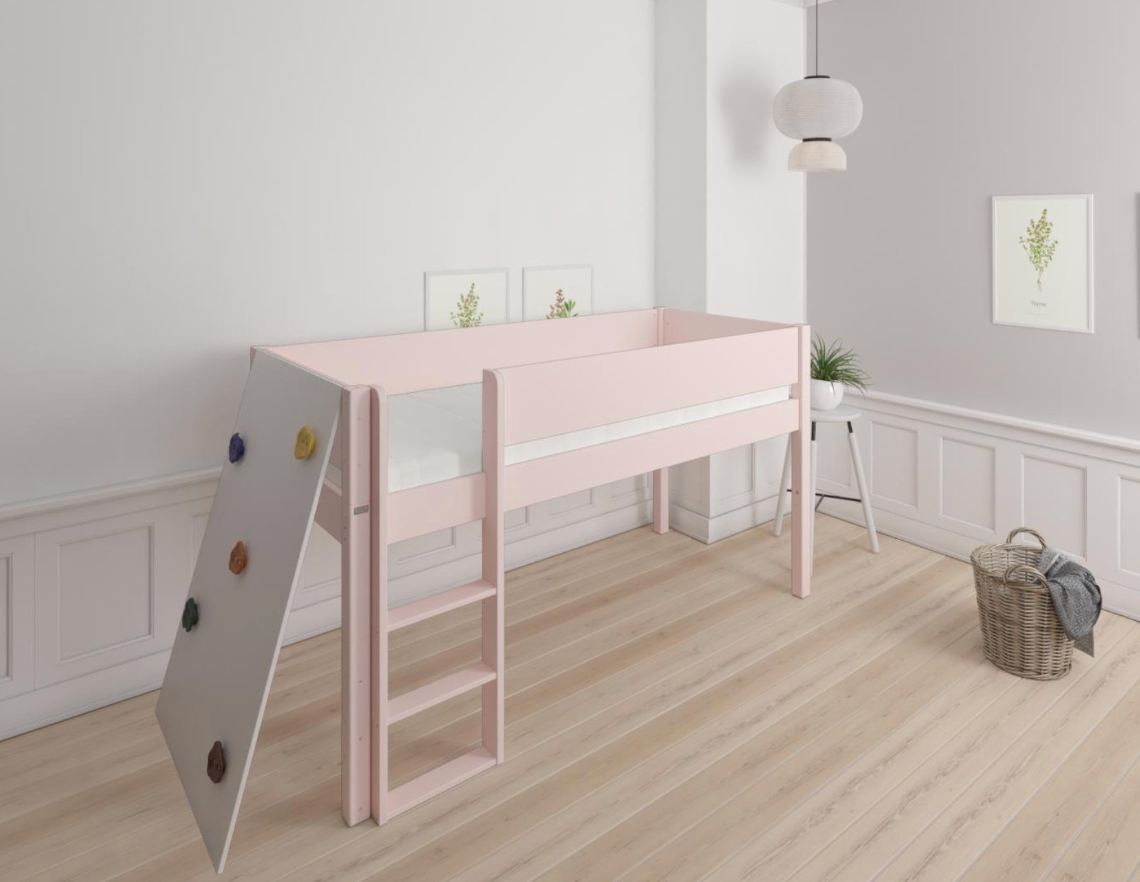 Borr halvhög barnsäng med klättervägg - höjdsäng med klättervägg - 90*160cm - Ljusrosa - 24