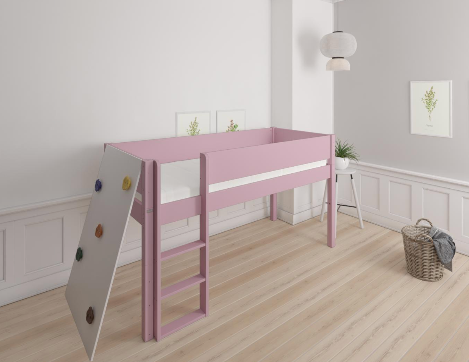 Borr halvhög barnsäng med klättervägg - höjdsäng med klättervägg - 90*160cm - Dusty rose - 25