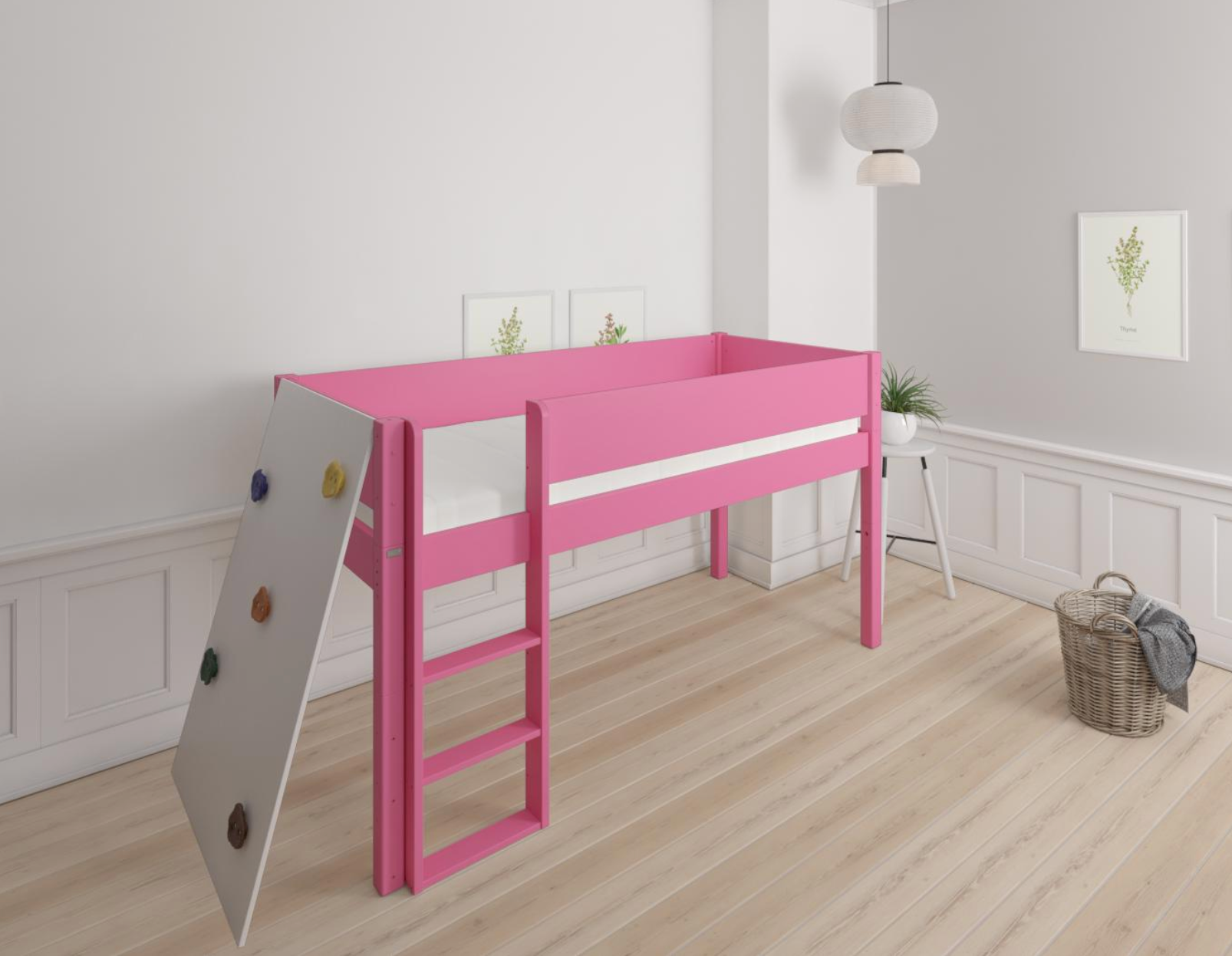 Borr halvhög barnsäng med klättervägg - höjdsäng med klättervägg - 90*160cm - Rosa - 32