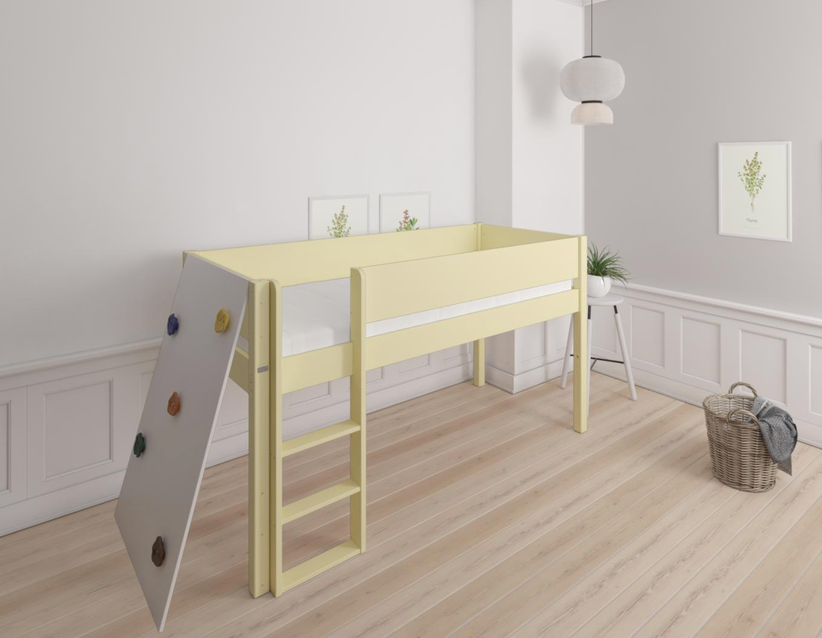 Borr halvhög barnsäng med klättervägg - höjdsäng med klättervägg - 90*160cm - Solgul - 44