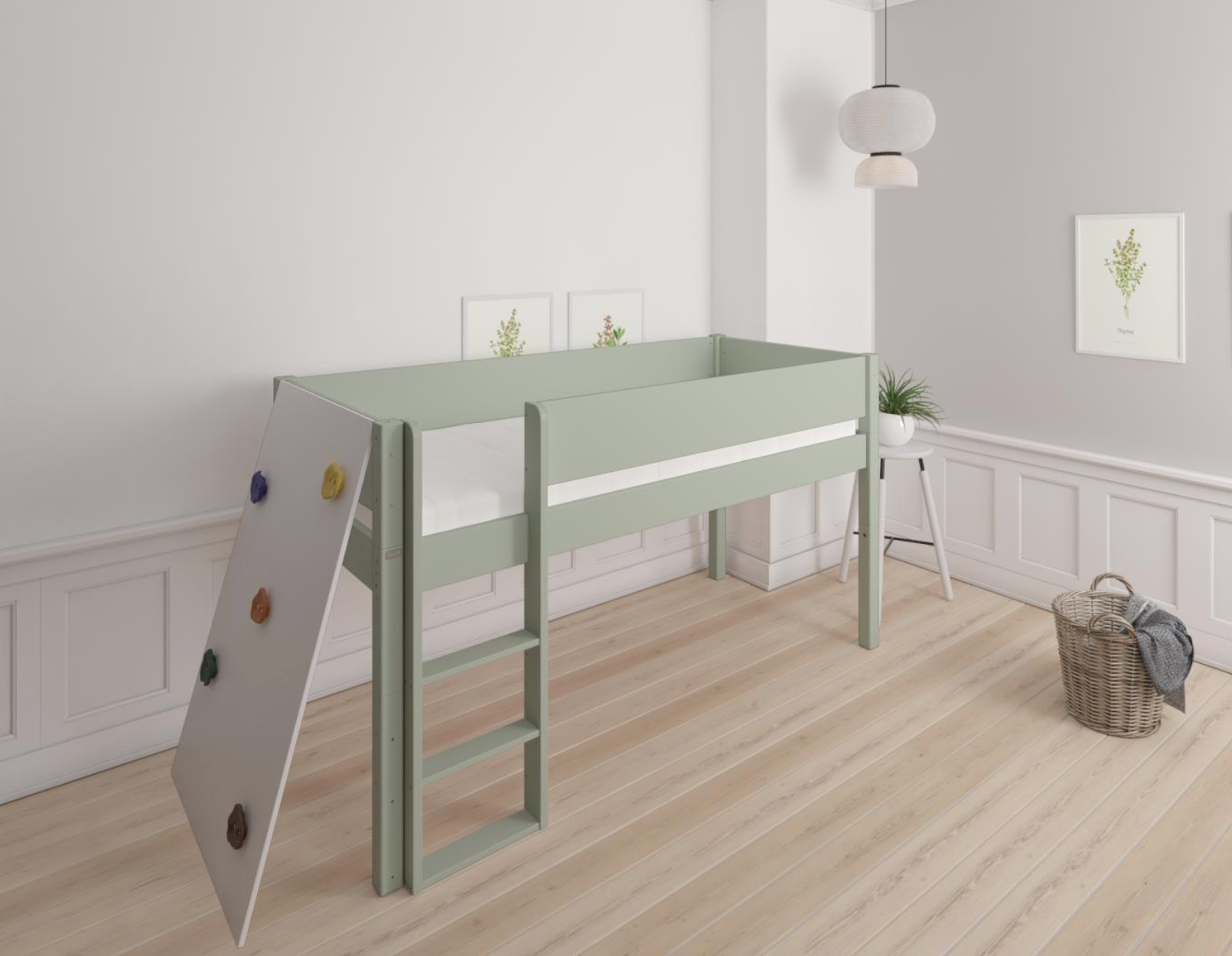 Borr halvhög barnsäng med klättervägg - höjdsäng med klättervägg - 90*160cm - Ljusgrön - 54