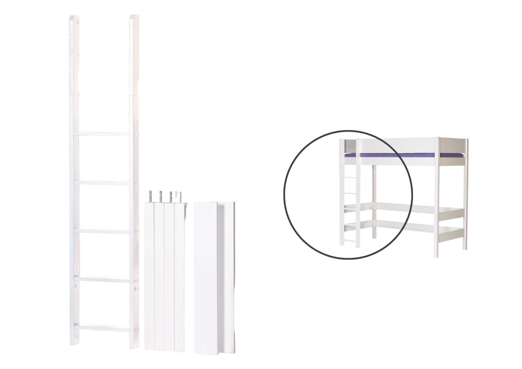 Sängstege och 85 cm ben för högsäng (90 cm) med naturliga ben